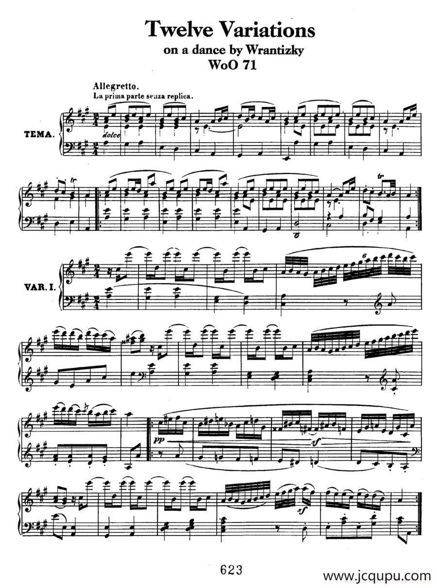 12 Variations on a Dance by Wrantizky WoO 71（伍拉尼茨基舞曲主题变奏曲）简谱