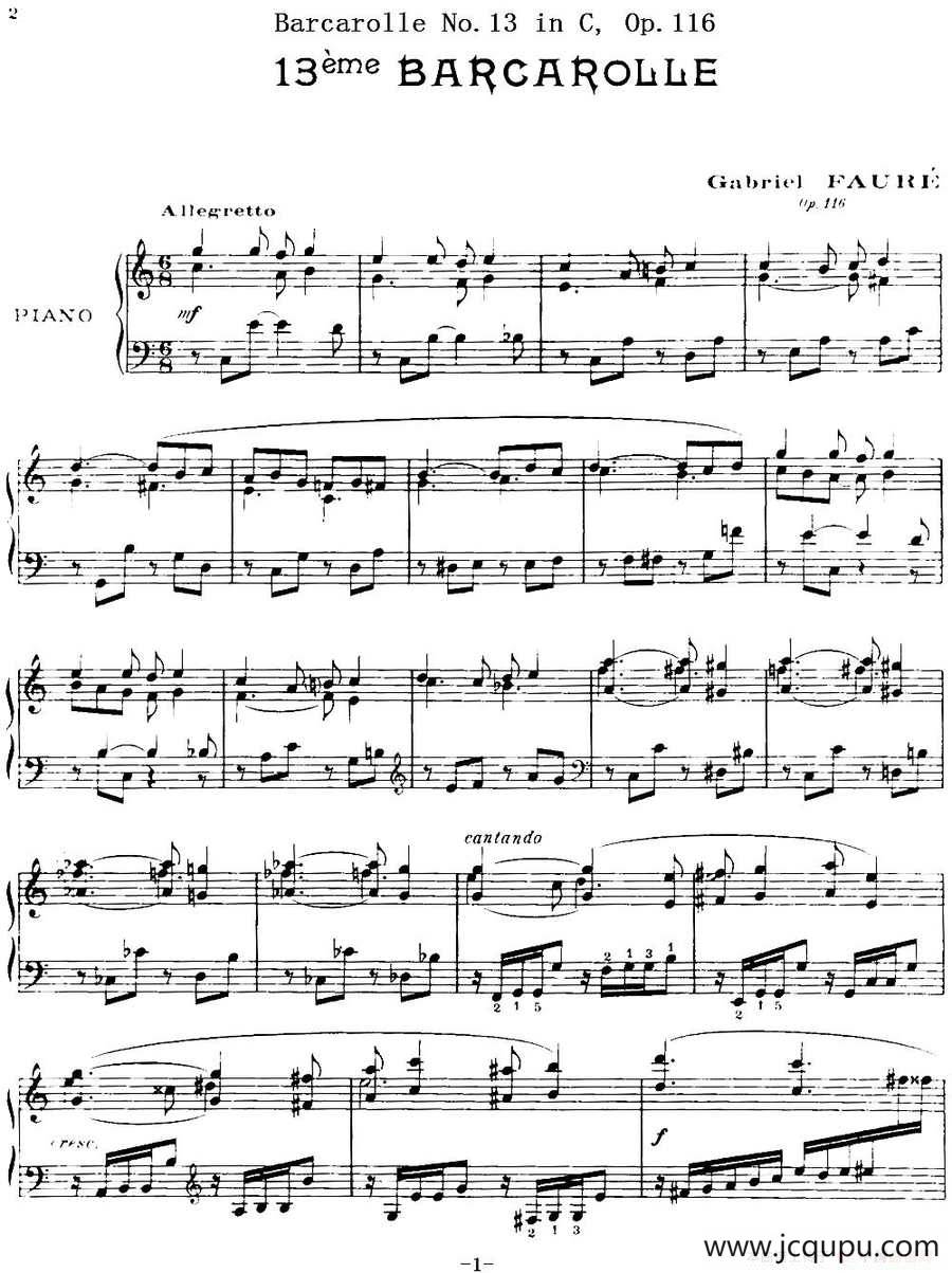 福雷13首船歌：Barcarolle No·13 in C, Op·116简谱