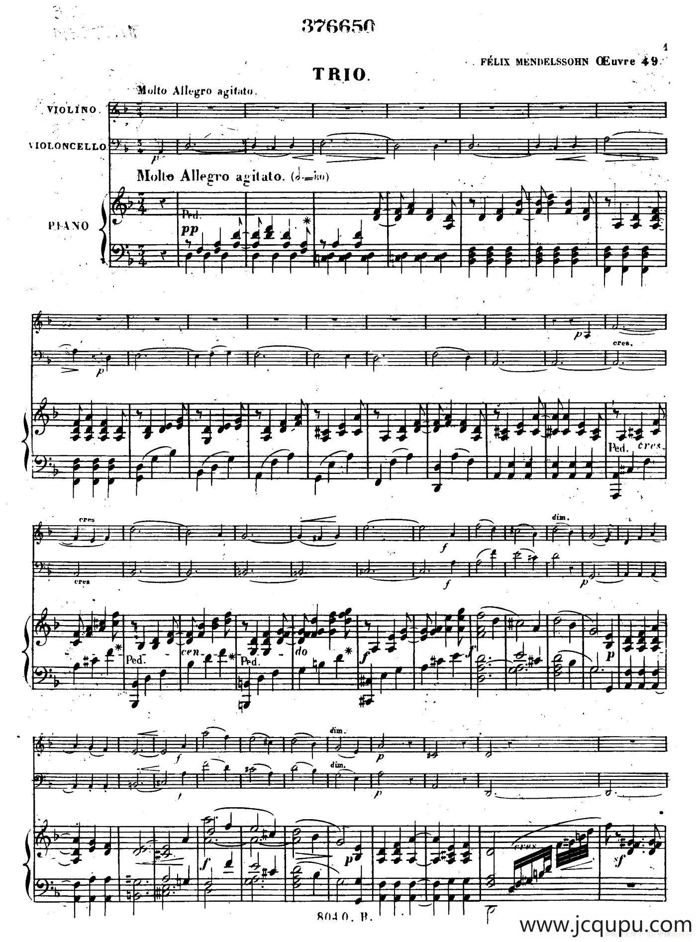 Piano Trio No.1 in d Minor Op.49（d小调第一钢琴三重奏·第一乐章）简谱