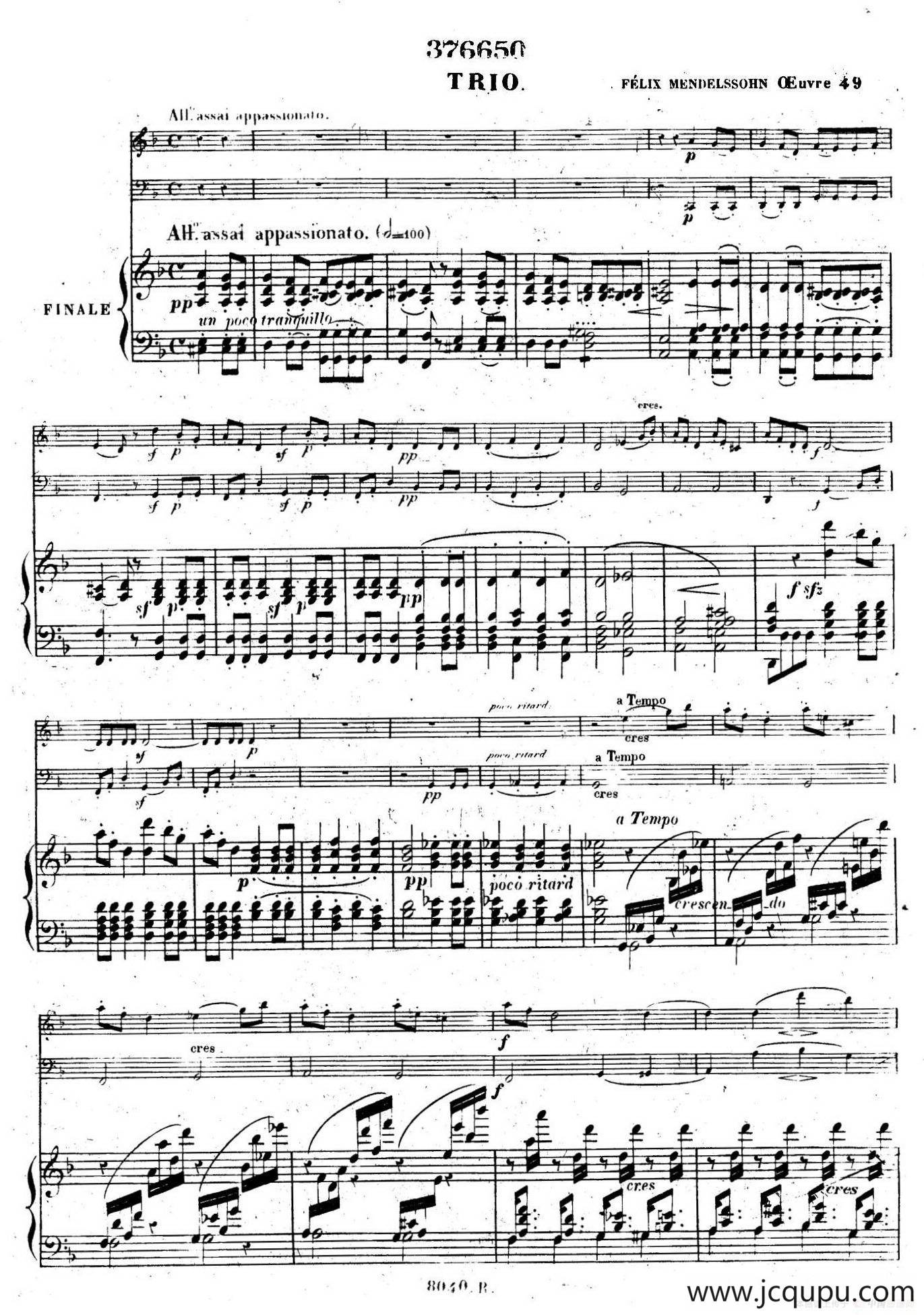 Piano Trio No.1 in d Minor Op.49（d小调第一钢琴三重奏·第四乐章）简谱