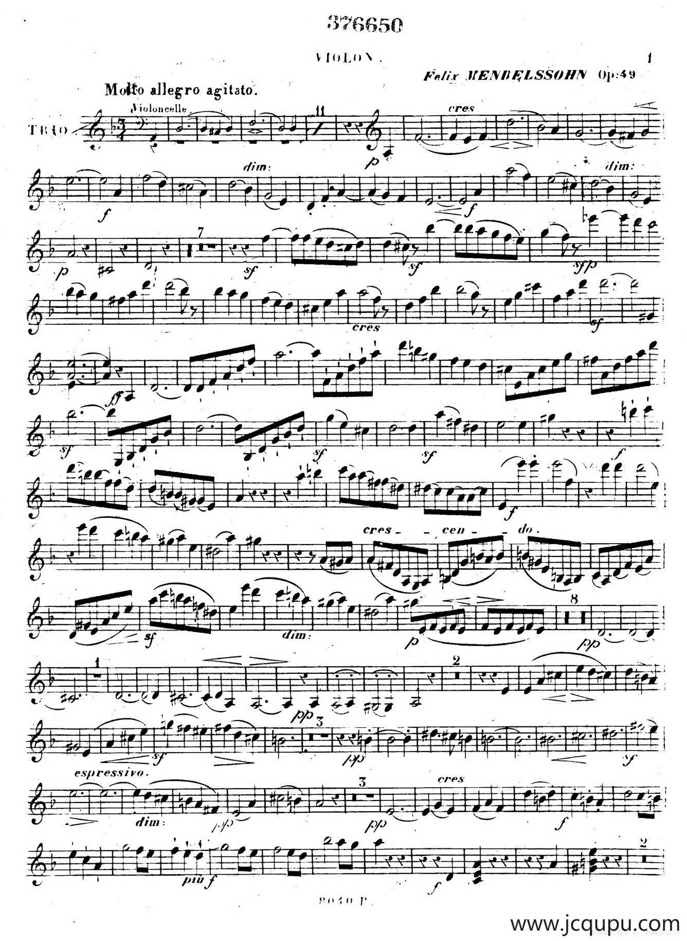 Piano Trio No.1 in d Minor Op.49（d小调第一钢琴三重奏·小提琴独奏版）简谱