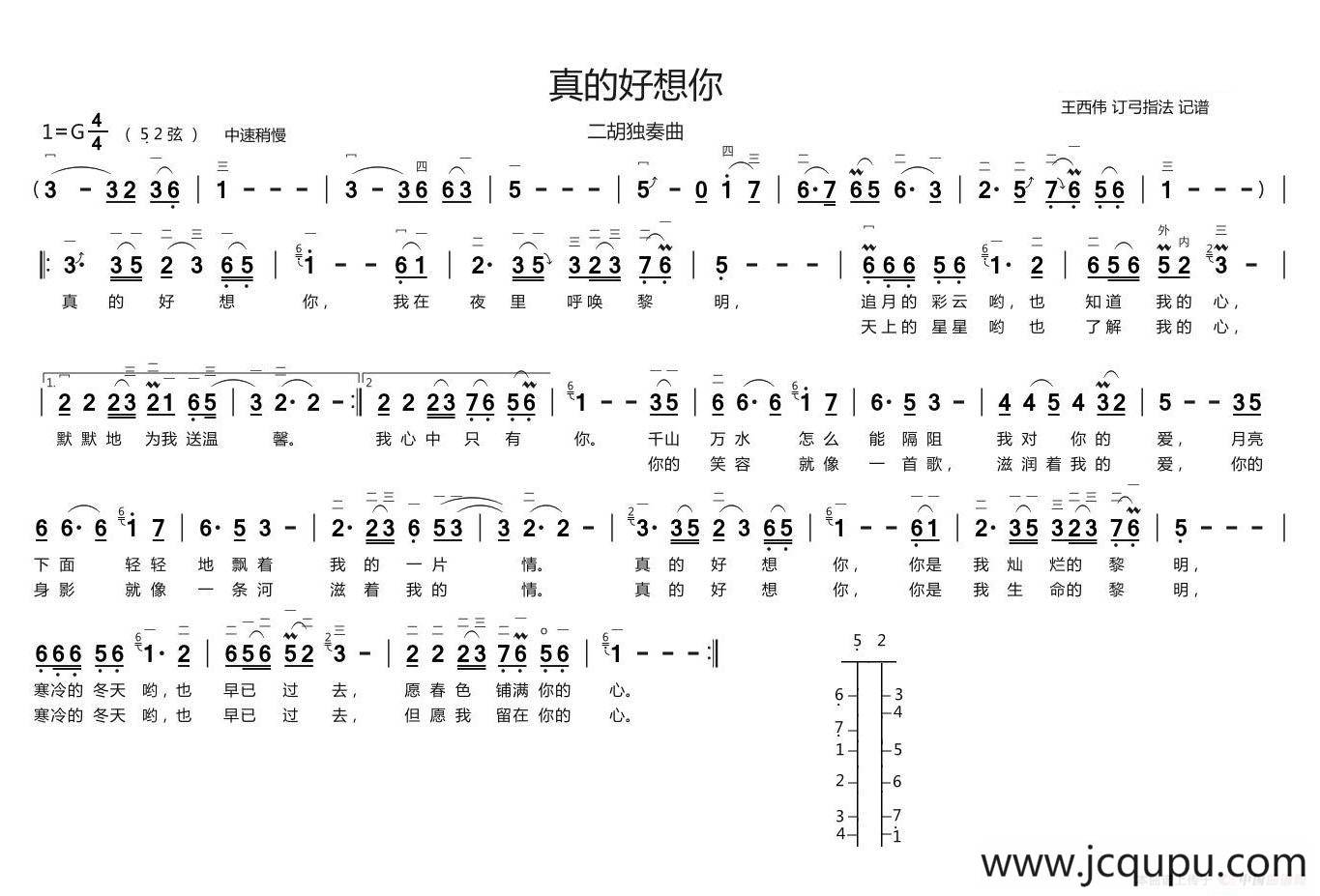 真的好想你（二胡独奏、带歌词版）简谱