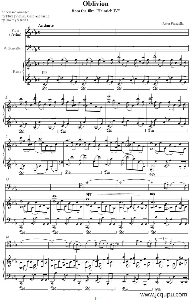 Oblivion 遗忘（小提琴+大提琴+钢琴伴奏）简谱