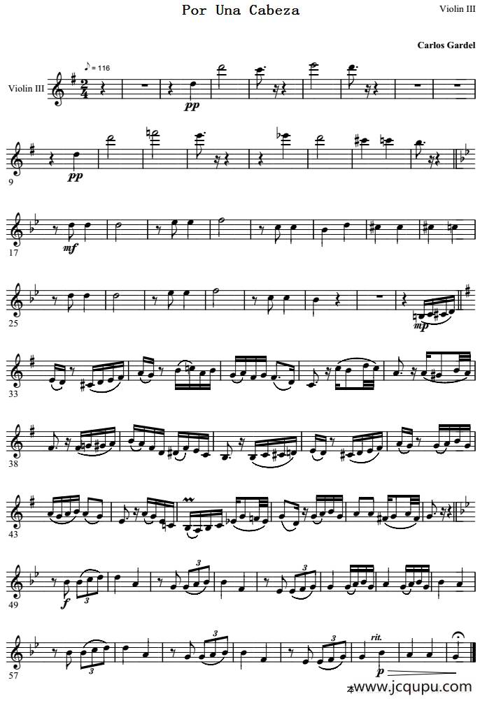Por Una Cabeza 一步之遥（第三小提琴分谱）简谱