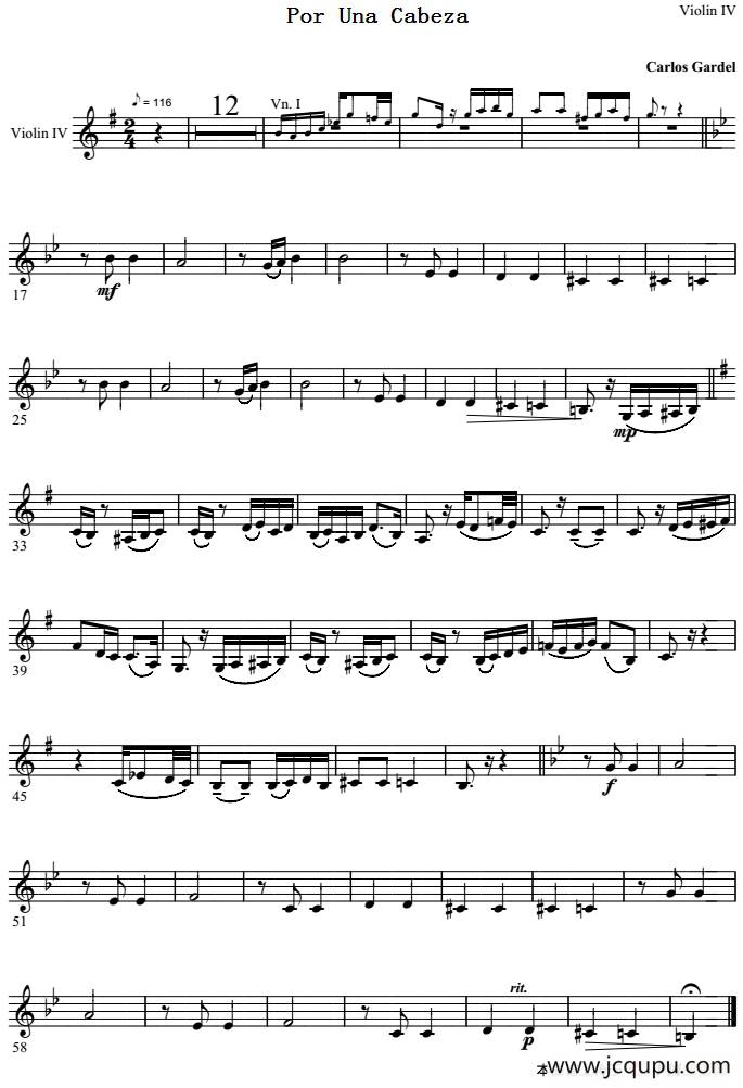 Por Una Cabeza 一步之遥（第四小提琴分谱）简谱