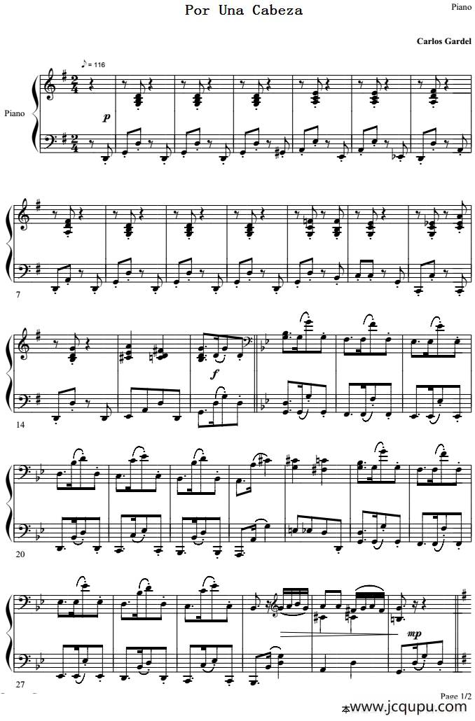Por Una Cabeza 一步之遥（钢琴分谱）简谱