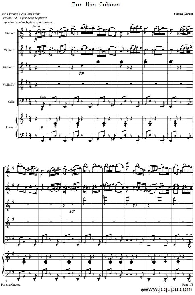 Por Una Cabeza 一步之遥（弦乐五重奏+钢琴伴奏总谱）简谱