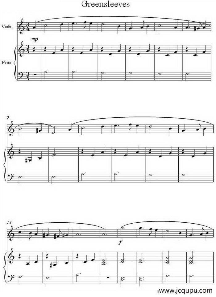Greensleeves 绿袖子（小提琴+钢琴伴奏）简谱