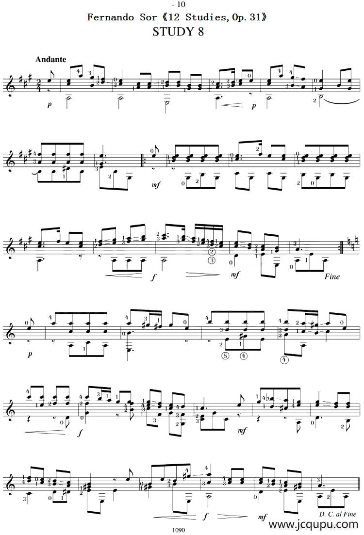 Fernando Sor《12 Studies,Op.31》（STUDY 8）简谱