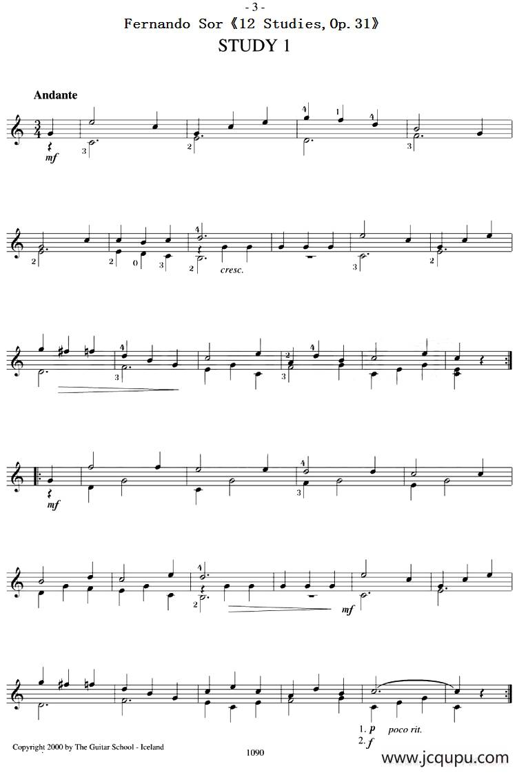 Fernando Sor《12 Studies,Op.31》（STUDY 1）简谱