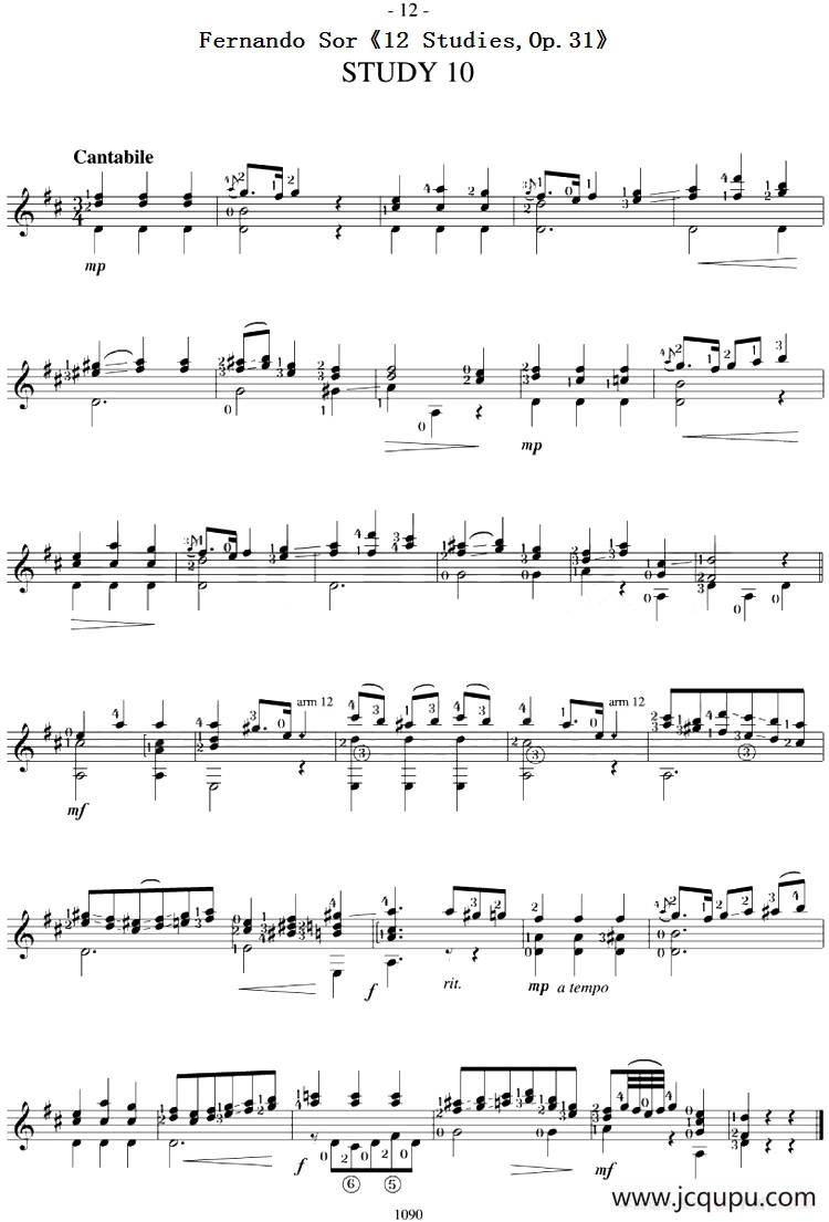 Fernando Sor《12 Studies,Op.31》（STUDY 10）简谱