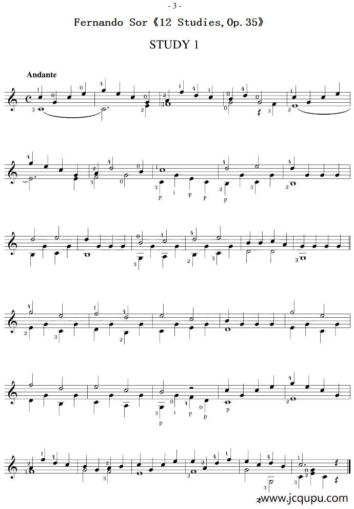 Fernando Sor《12 Studies,Op.35》（STUDY 1）简谱