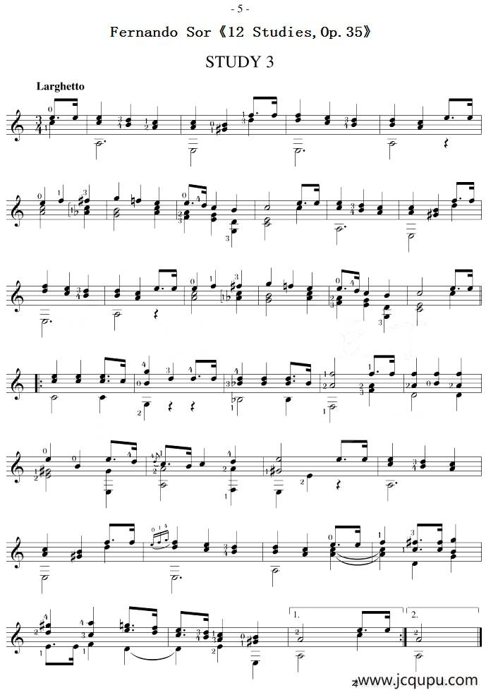 Fernando Sor《12 Studies,Op.35》（STUDY 3）简谱