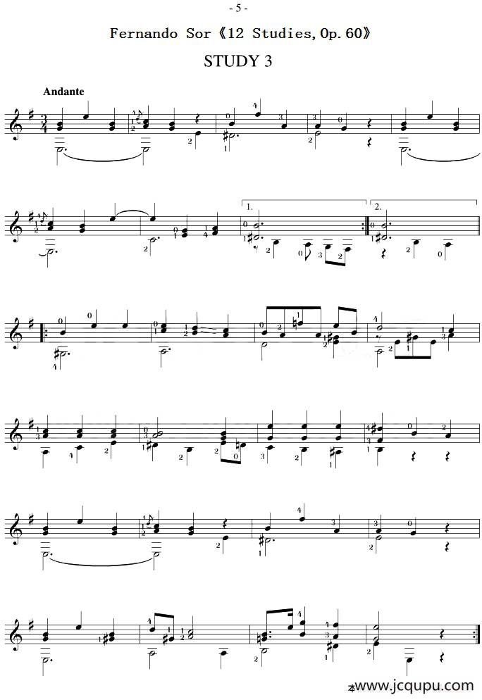 Fernando Sor《12 Studies,Op.60》（STUDY 3）简谱