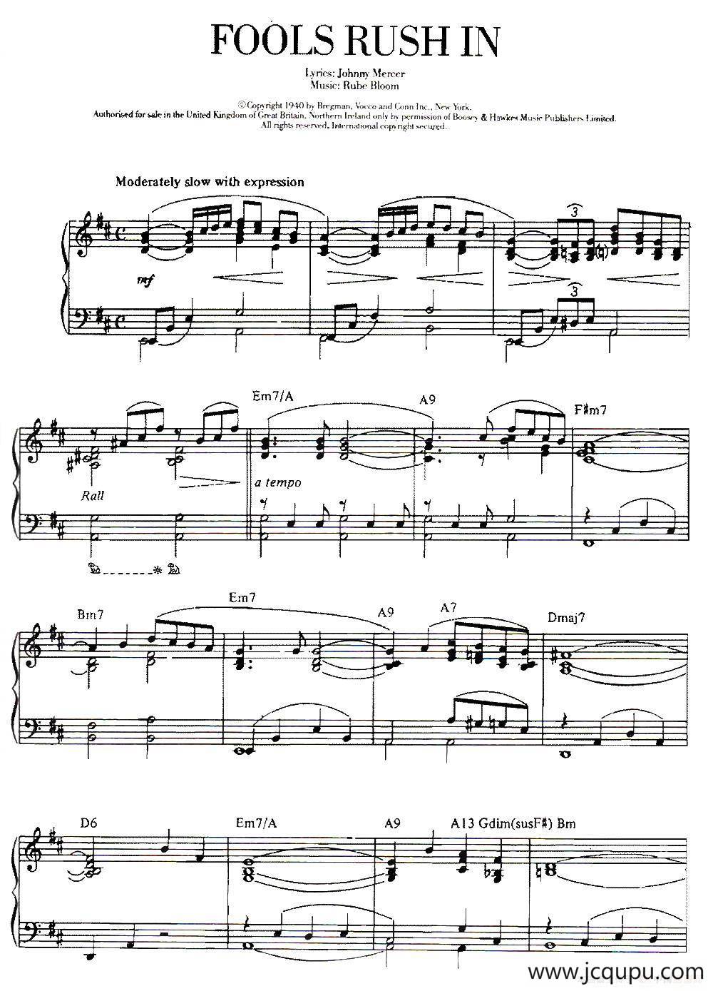 100首欧美流行歌曲钢琴独奏：FOOLS RUSHIN简谱