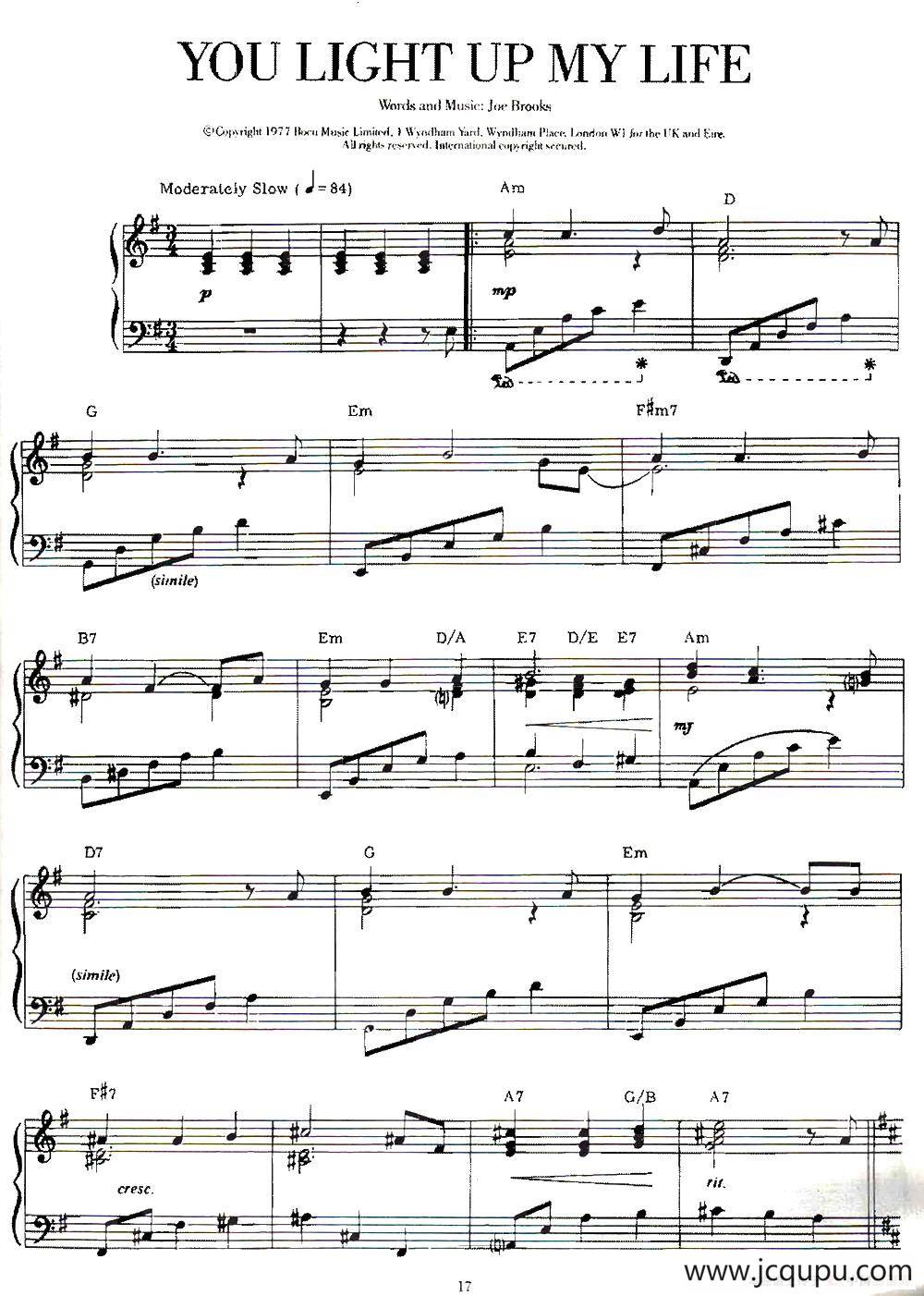 100首欧美流行歌曲钢琴独奏：YOU LIGHT UP MY LIFE简谱