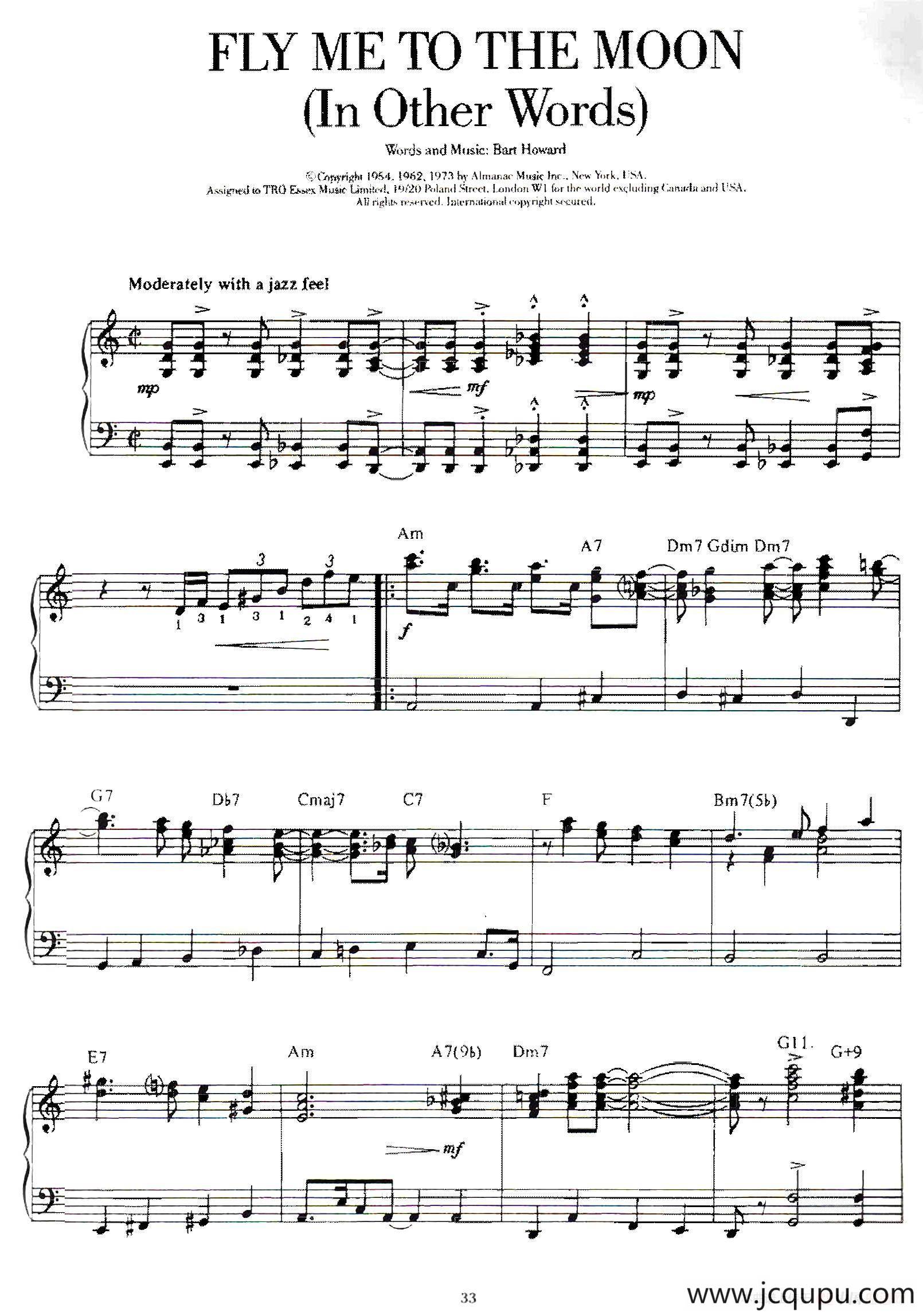 100首欧美流行歌曲钢琴独奏：FLY ME TO THE MOON简谱