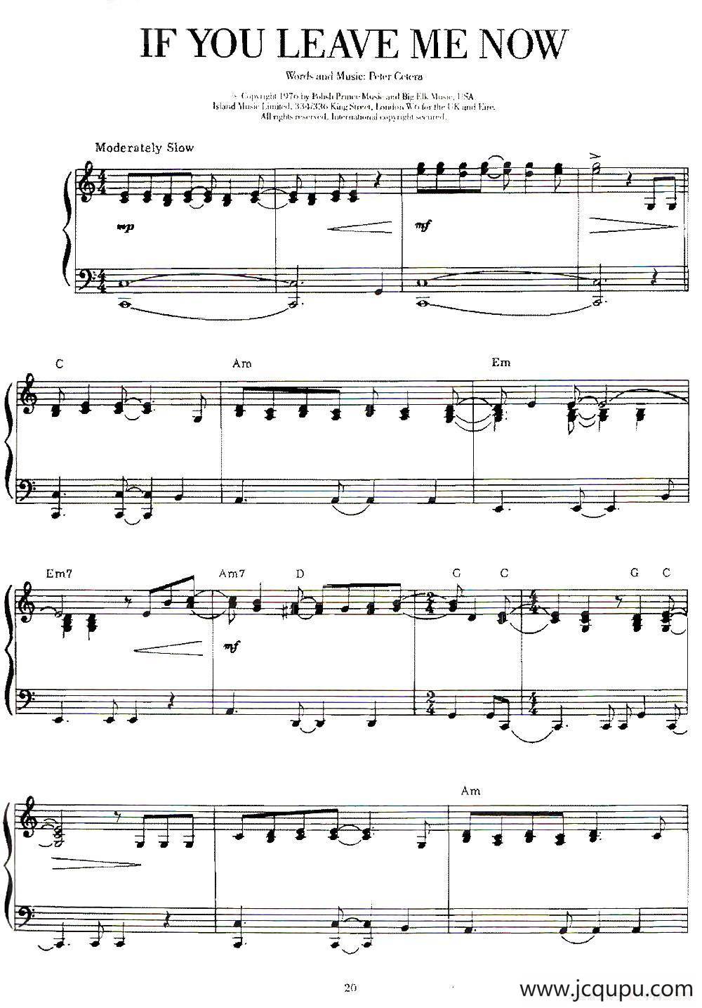 100首欧美流行歌曲钢琴独奏：IF YOU LEAVE ME NOW简谱