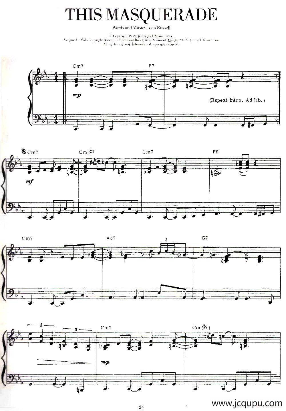 100首欧美流行歌曲钢琴独奏：THIS MASQUERADE简谱