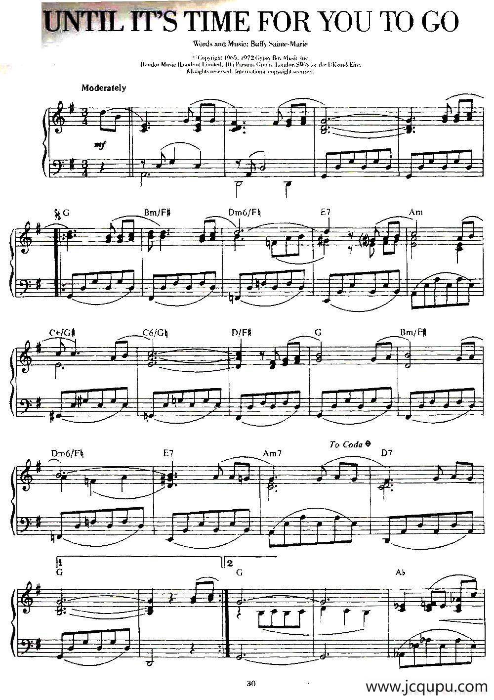 100首欧美流行歌曲钢琴独奏：TIL IT'S TIME FOR YOU TO GO简谱