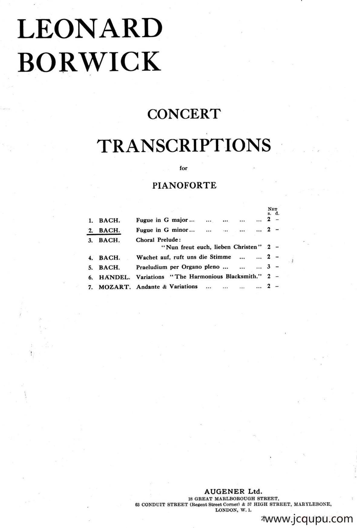 Fugue in g Minor BWV 578（g小调赋格·Borwick改编钢琴独奏版）简谱