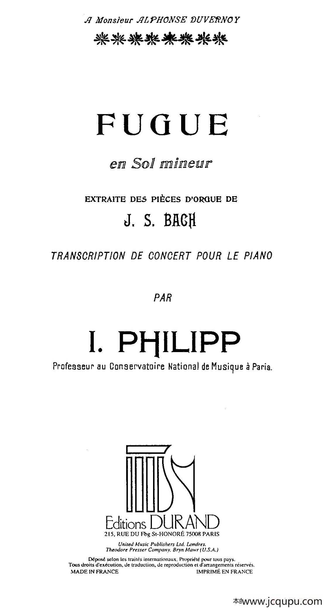 Fugue in g Minor BWV 578（g小调赋格·菲利普改编钢琴独奏版）简谱