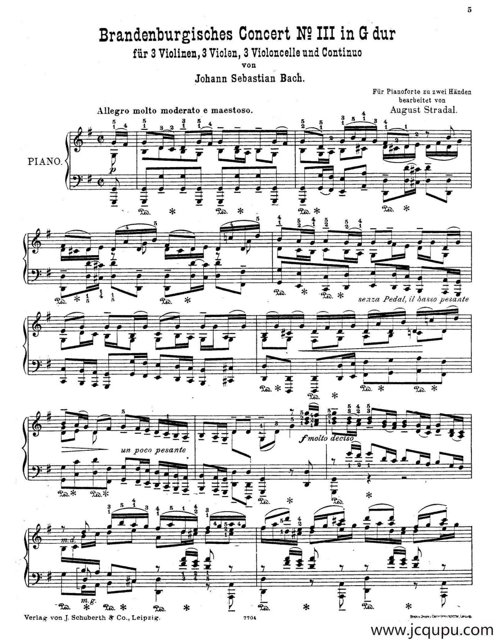 Brandenburg Concerto No.3 in G Major BWV.1048（G大调第三勃兰登堡协奏曲·钢琴独奏版）简谱