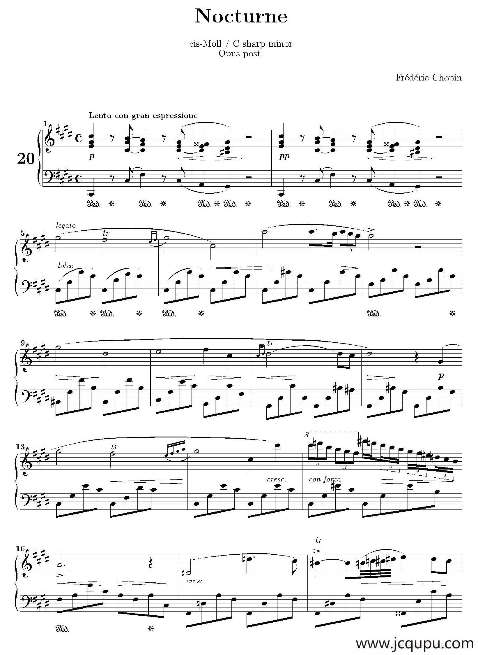 Nocturne in c-sharp Minor Op.posth （升c小调夜曲）简谱