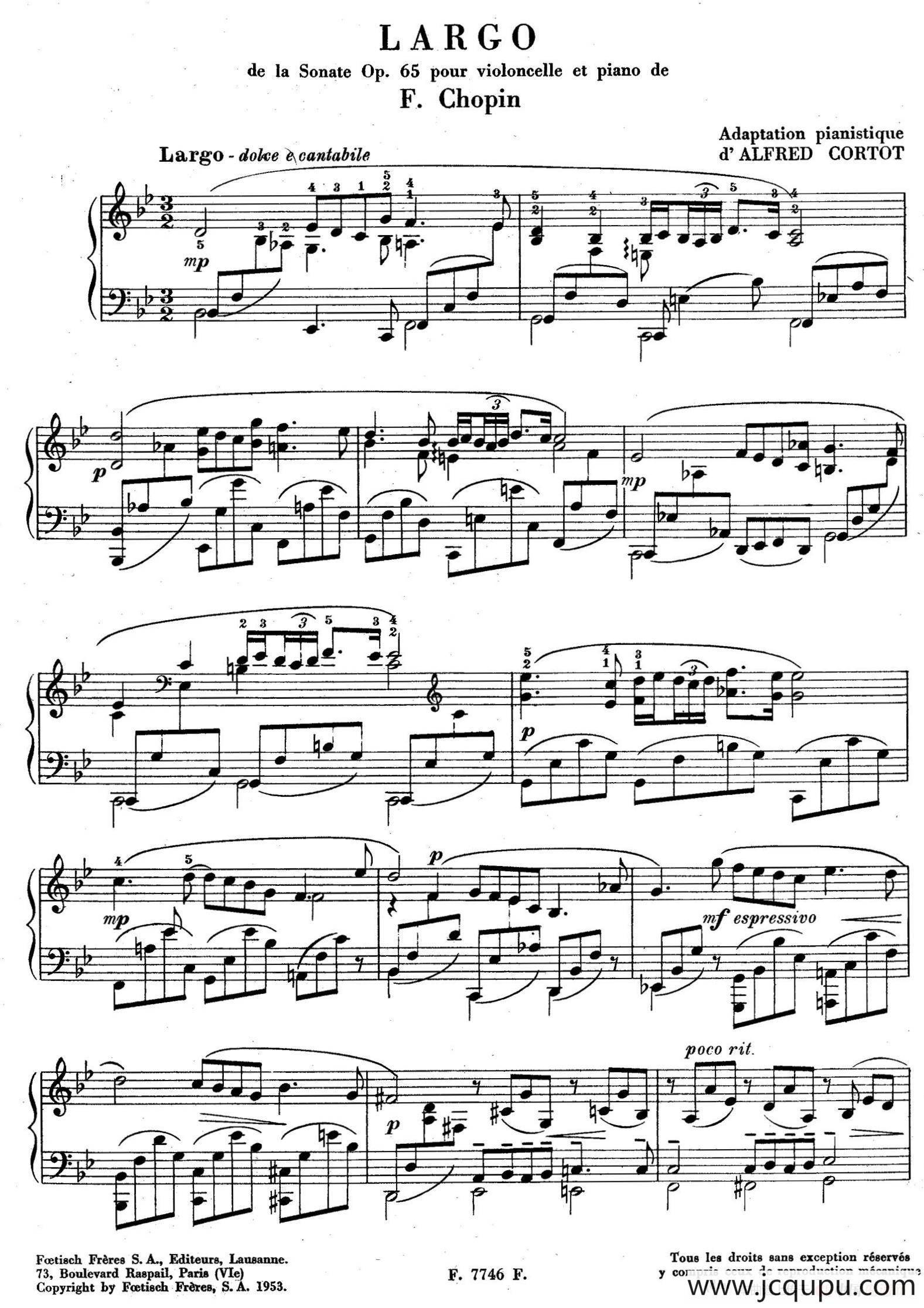 Sonata for Cello and Piano in g Minor Op.65（g小调大提琴奏鸣曲·柯尔托改编广板乐章钢琴独奏谱）简谱