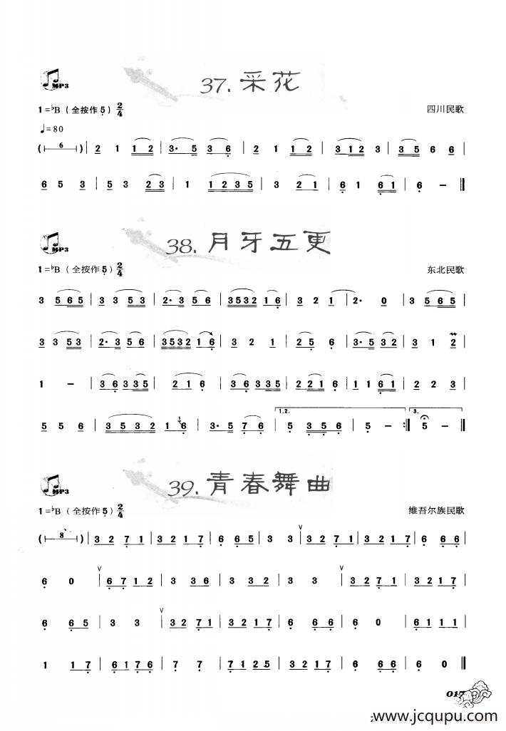 葫芦丝曲精选：采花 月芽五更 青春舞曲简谱