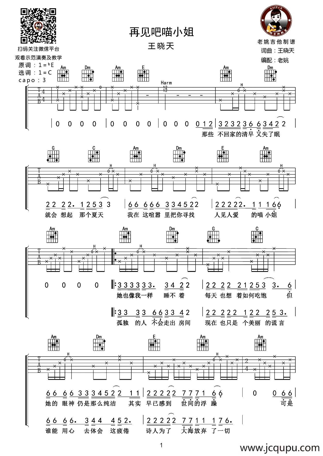 再见吧喵小姐（老姚吉他编配版）简谱