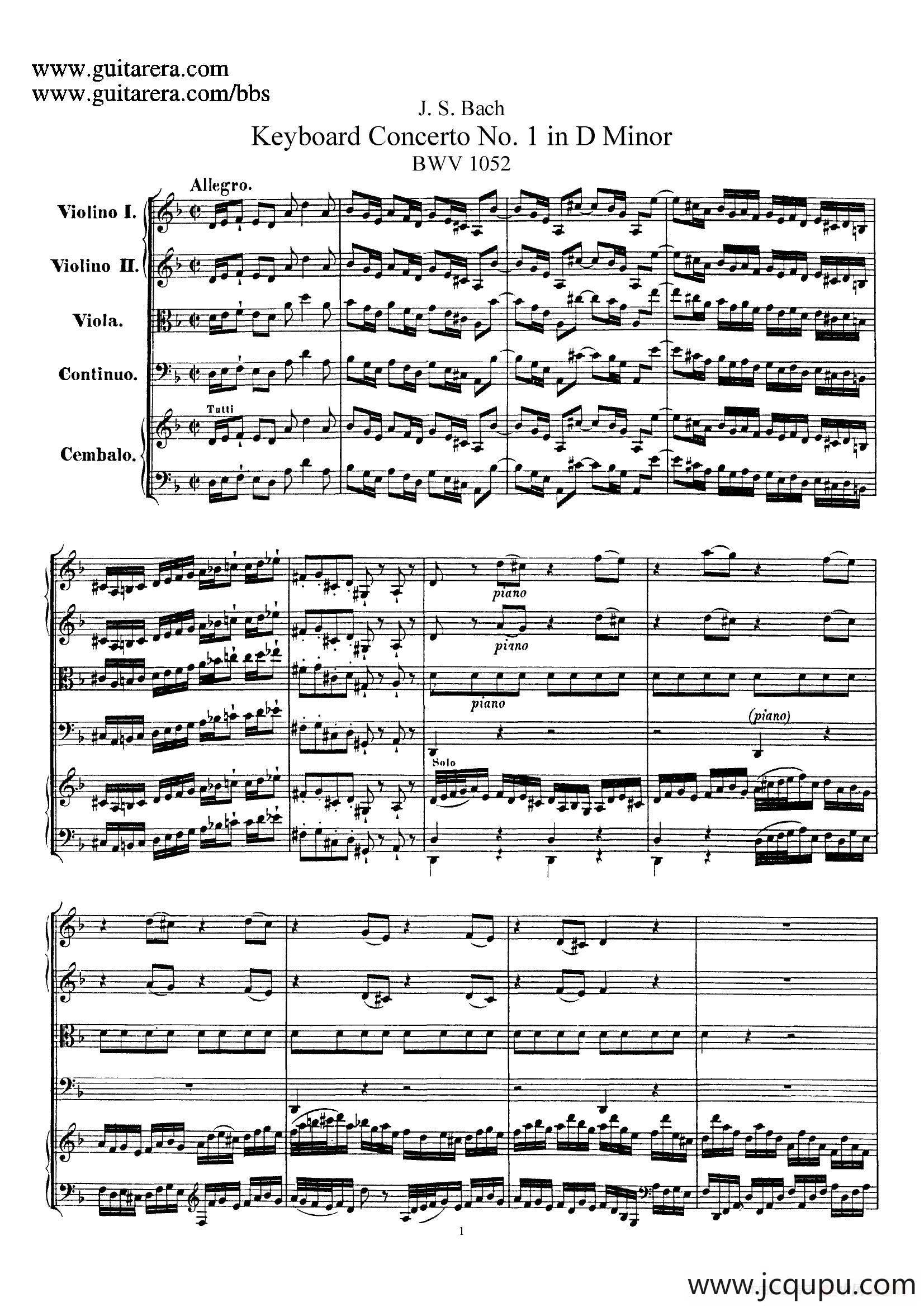 d小调第一号古钢琴协奏曲 BWV 1052（总谱）简谱