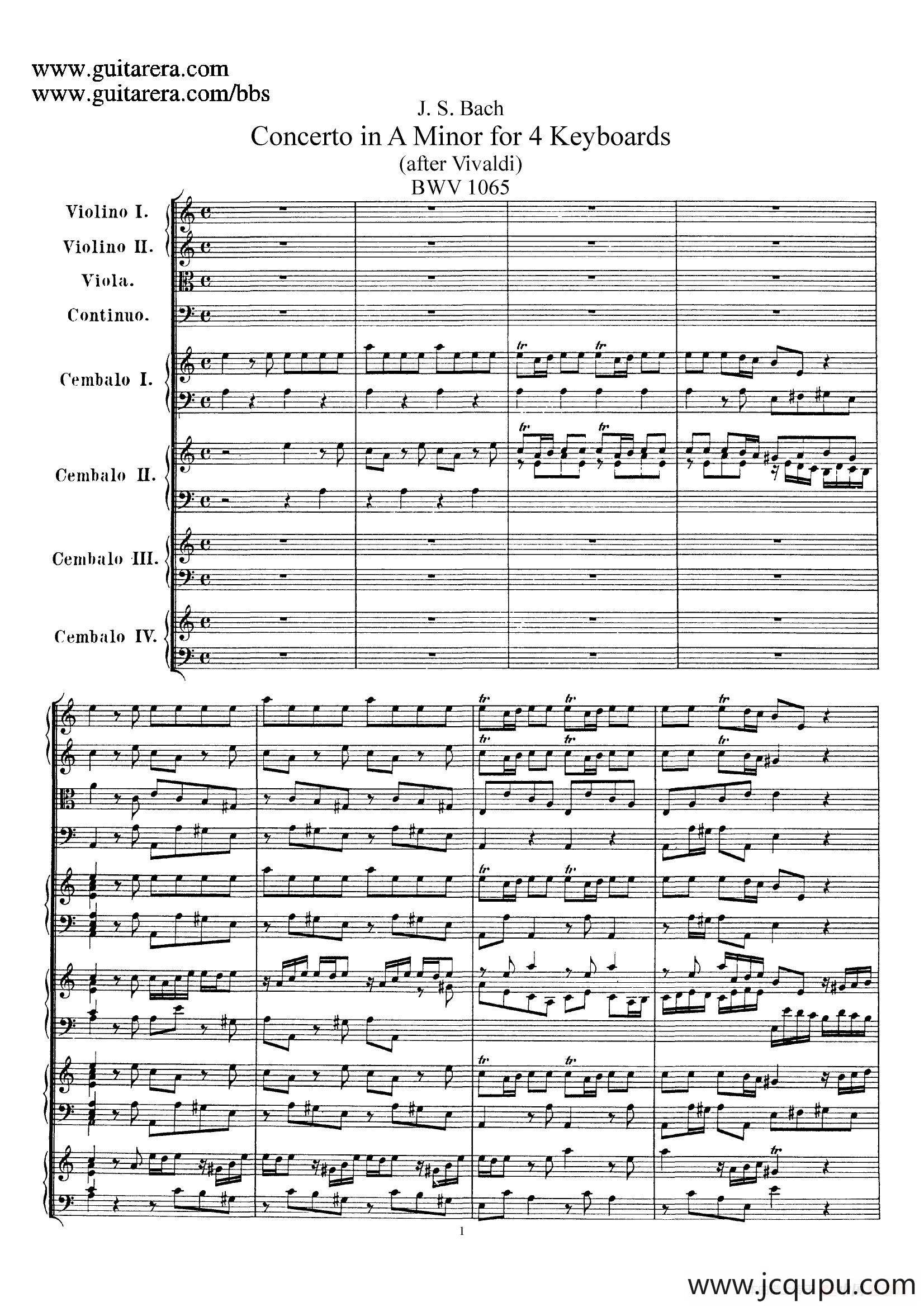 为四架古钢琴而作的a小调协奏曲 BWV 1065（总谱）简谱