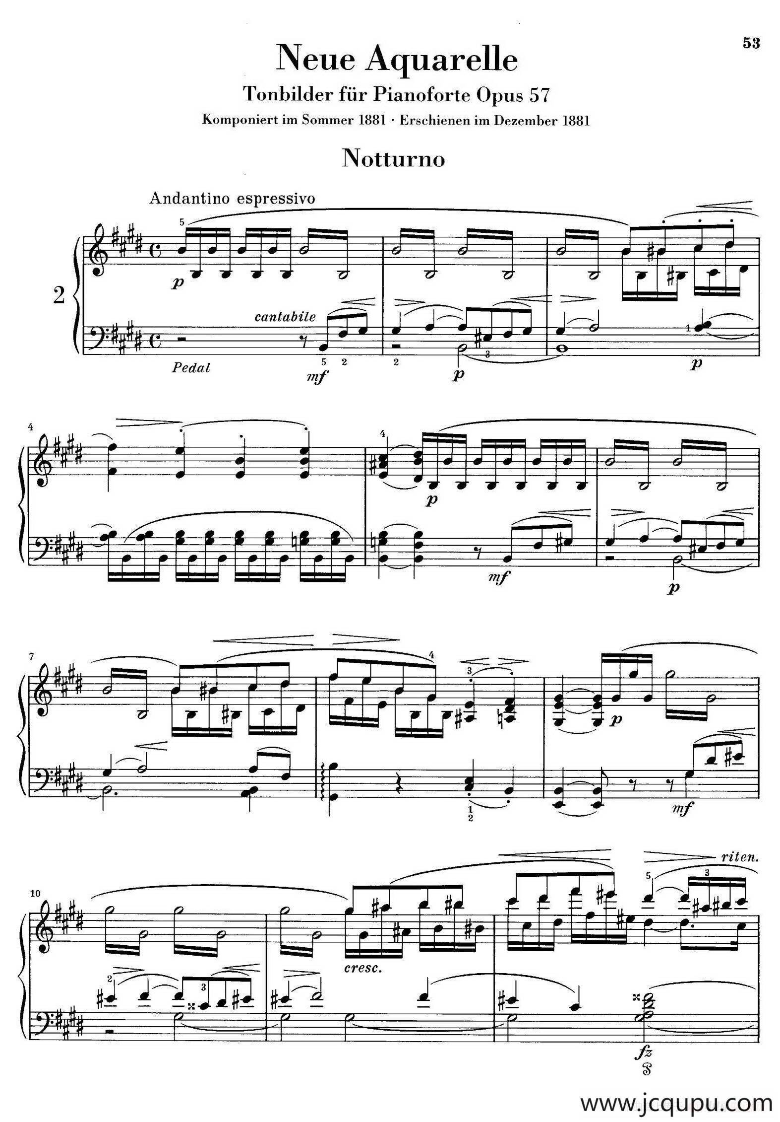 Neue Aquarelle Op.57（新水彩画·2. 夜曲）简谱