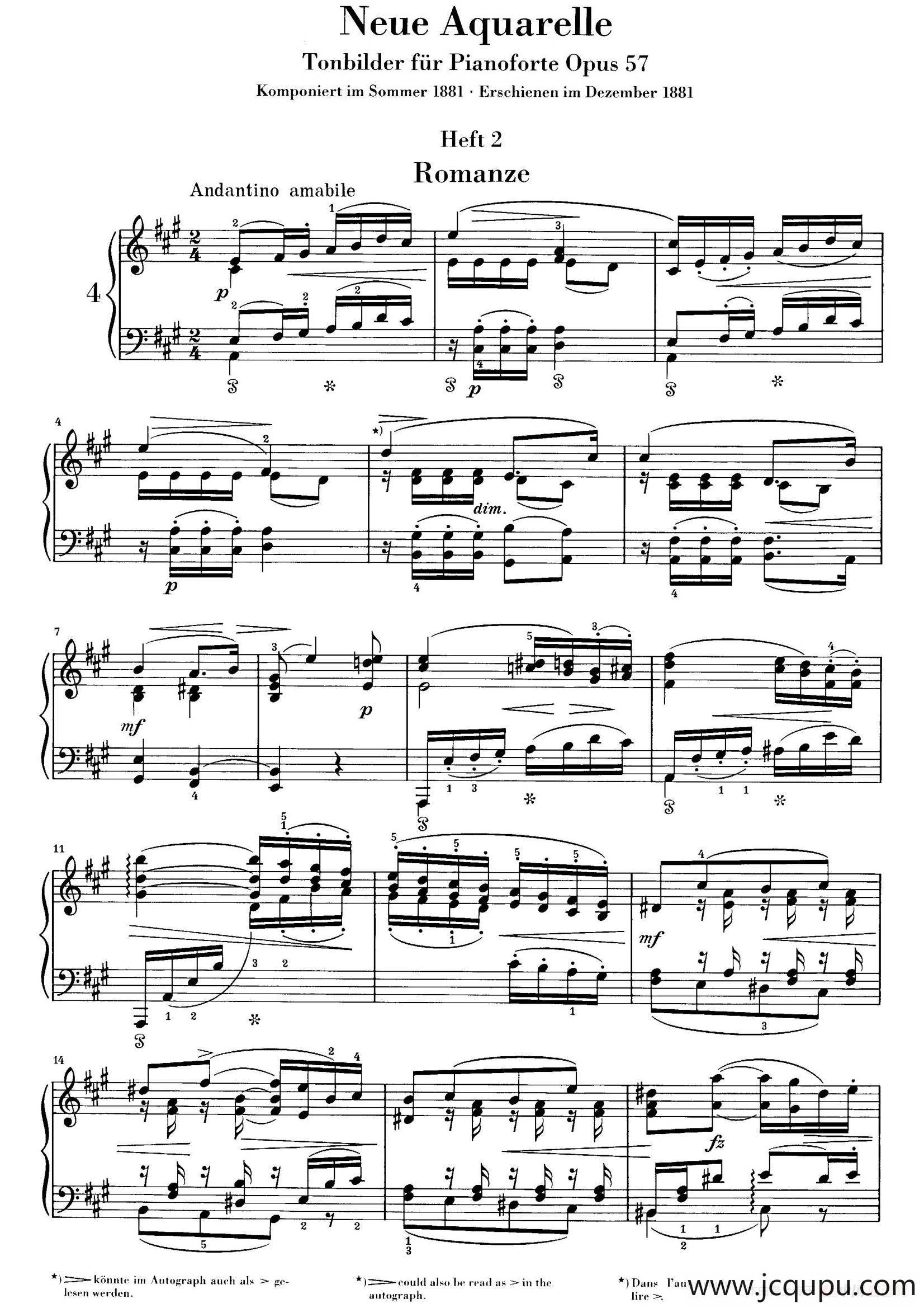 Neue Aquarelle Op.57（新水彩画·4. 浪漫曲）简谱