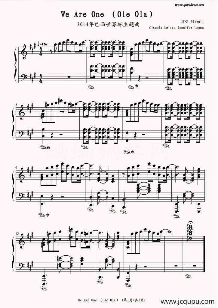 We Are One（2014年巴西世界杯主题曲）简谱