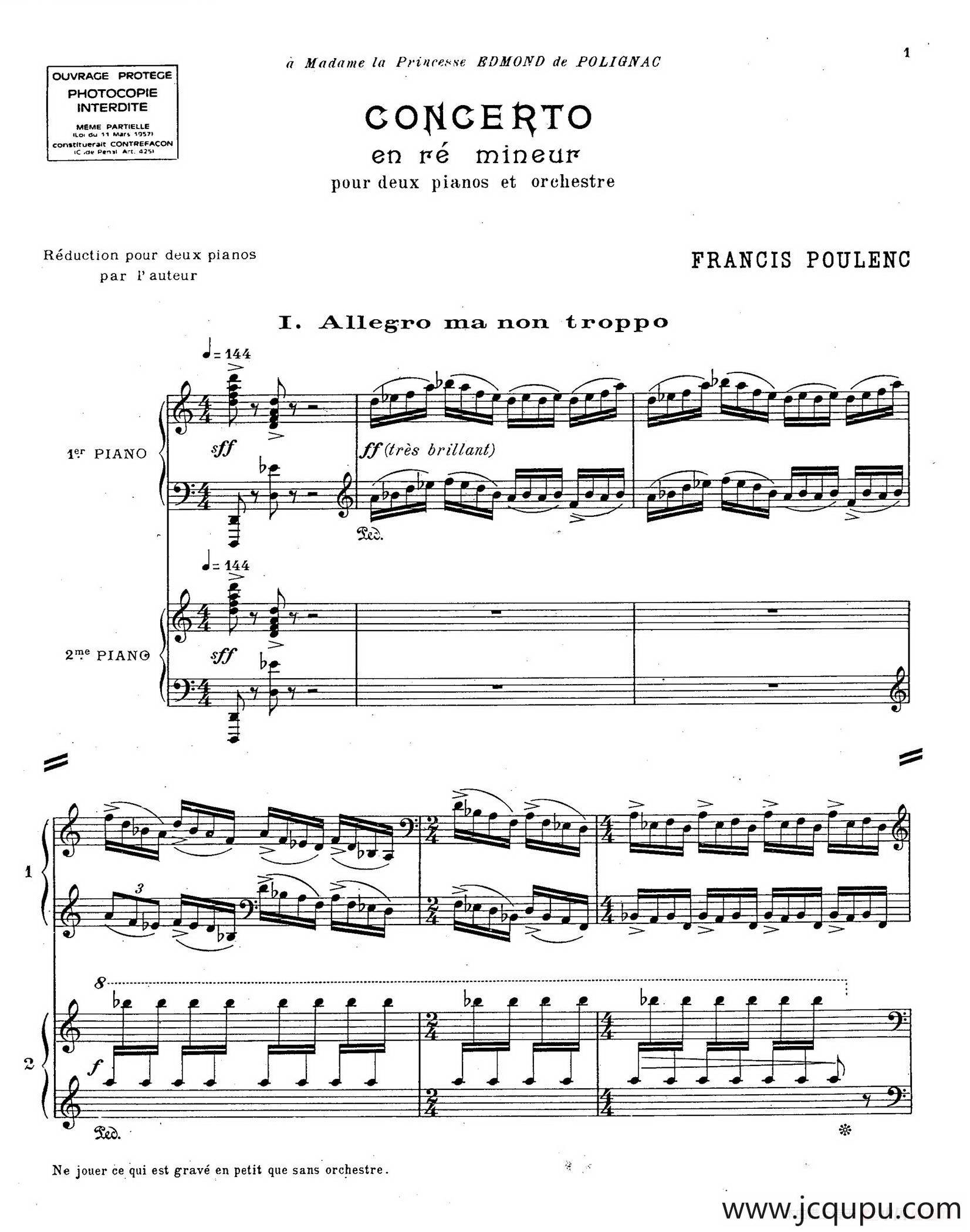 Concerto for 2 Pianos in d Minor（d小调双钢琴协奏曲· 第一乐章）简谱