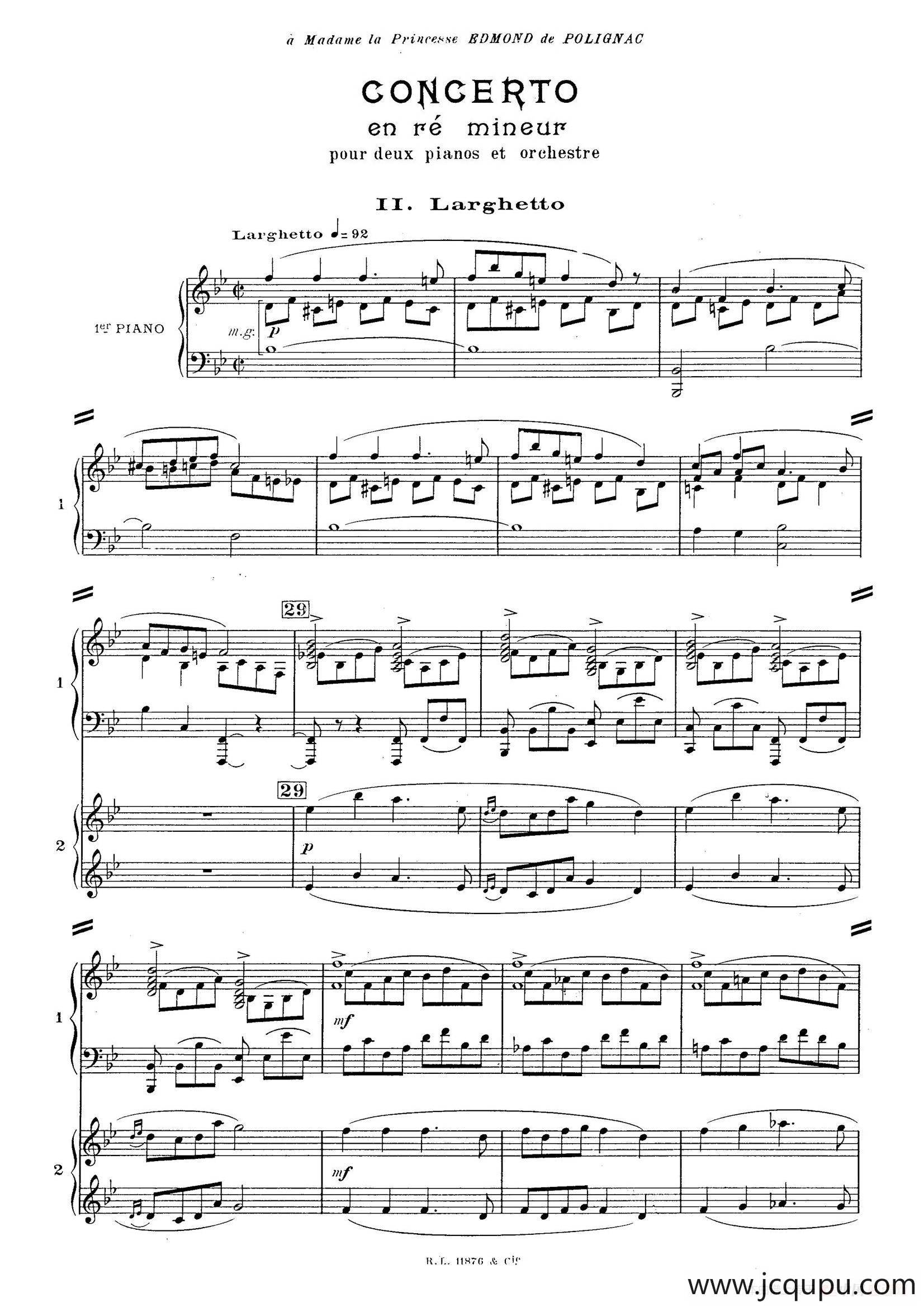 Concerto for 2 Pianos in d Minor（d小调双钢琴协奏曲· 第二乐章）简谱