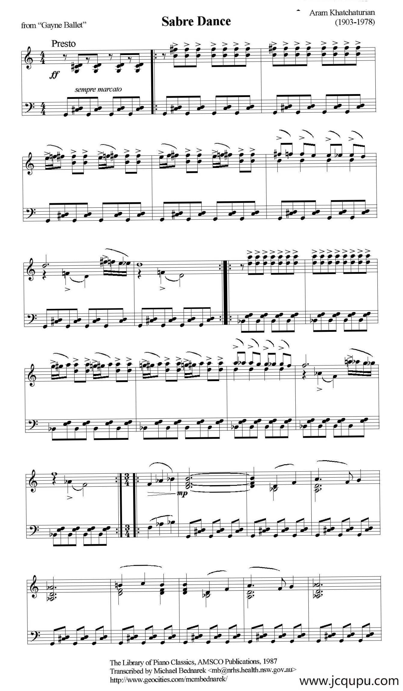 Sabre Dance（马刀舞曲）（钢琴独奏版）简谱