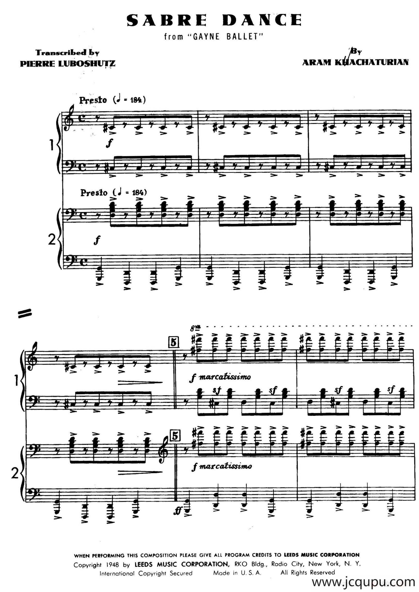 Sabre Dance（马刀舞曲）（双钢琴版）简谱