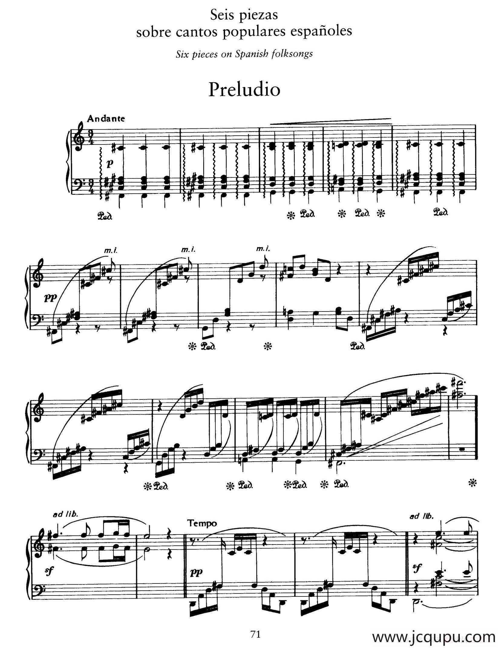 Six Pieces on Spanish Folksongs H.125（6首西班牙民谣小品·1. 前奏曲 Preludio）简谱