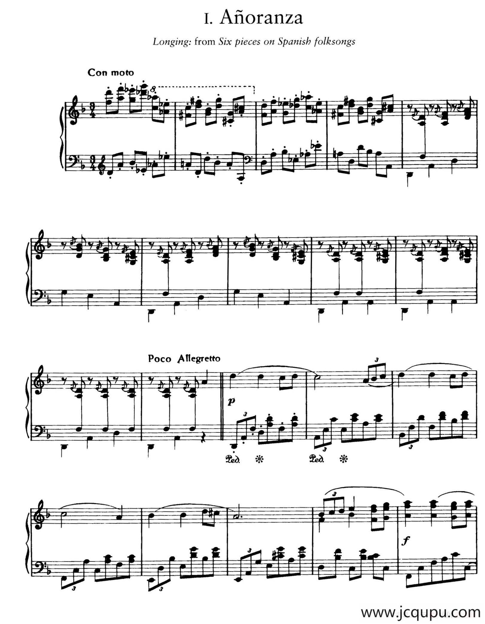 Six Pieces on Spanish Folksongs H.125（6首西班牙民谣小品·2. 怀念 Anoranza）简谱