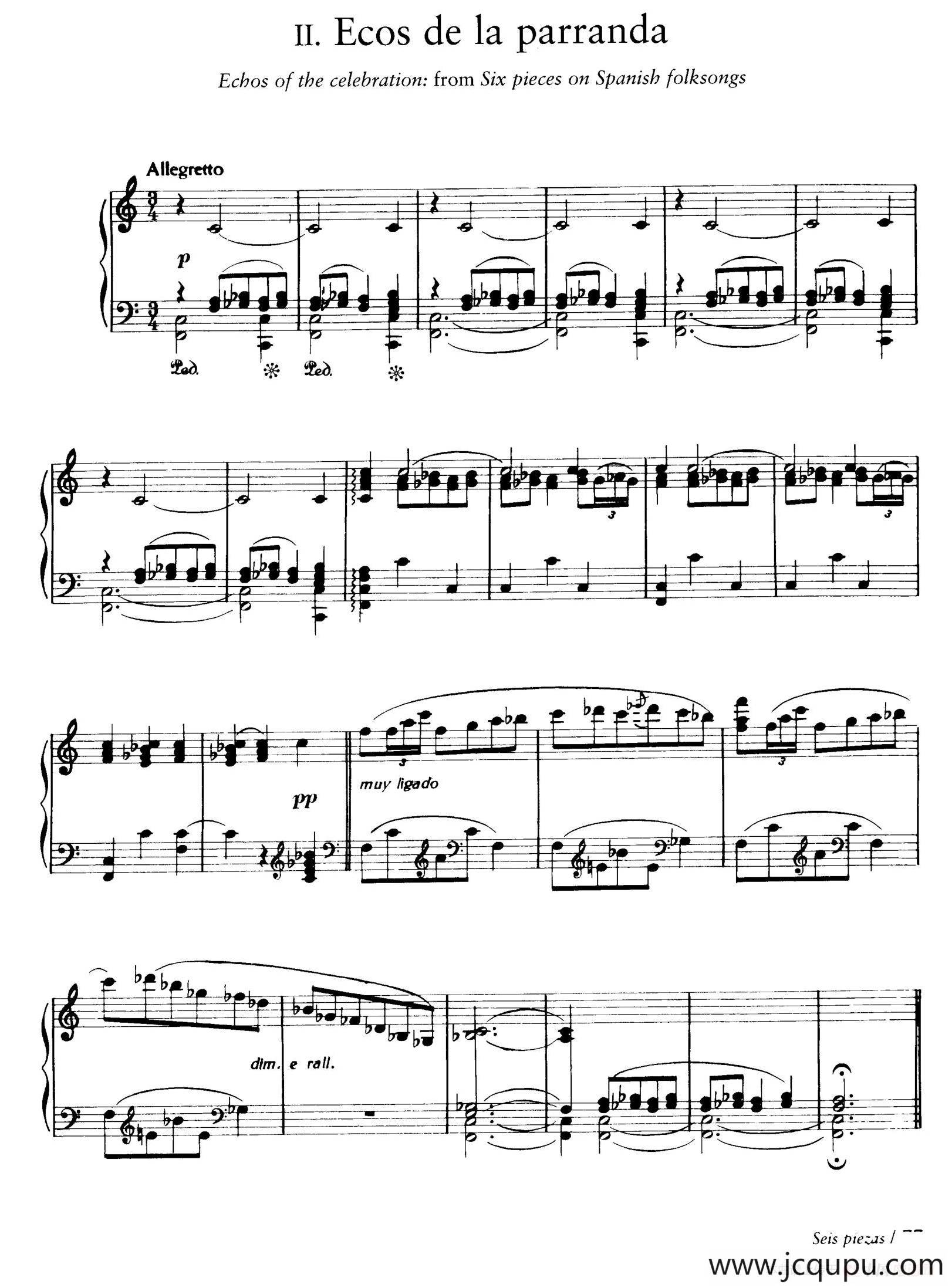 Six Pieces on Spanish Folksongs H.125（6首西班牙民谣小品·3. 节日的回忆 Ecos de la parranda）简谱
