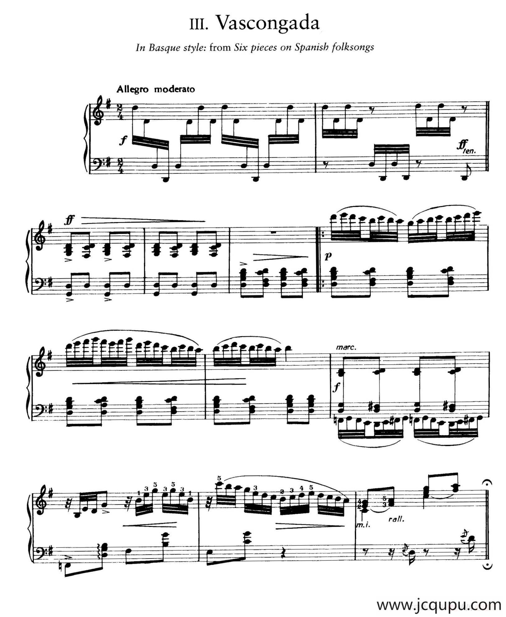 Six Pieces on Spanish Folksongs H.125（6首西班牙民谣小品·4. 巴斯克舞曲 Vascongada）简谱