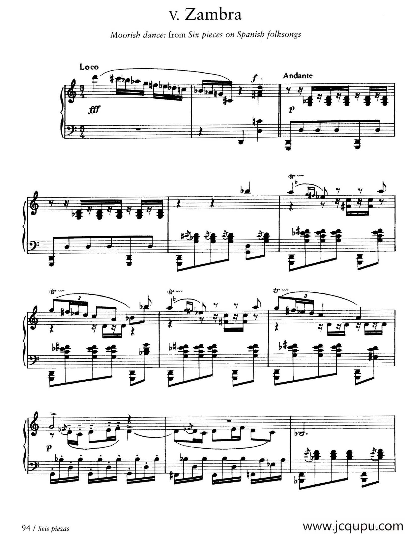 Six Pieces on Spanish Folksongs H.125（6首西班牙民谣小品·6. 赞巴舞曲 Zambra）简谱