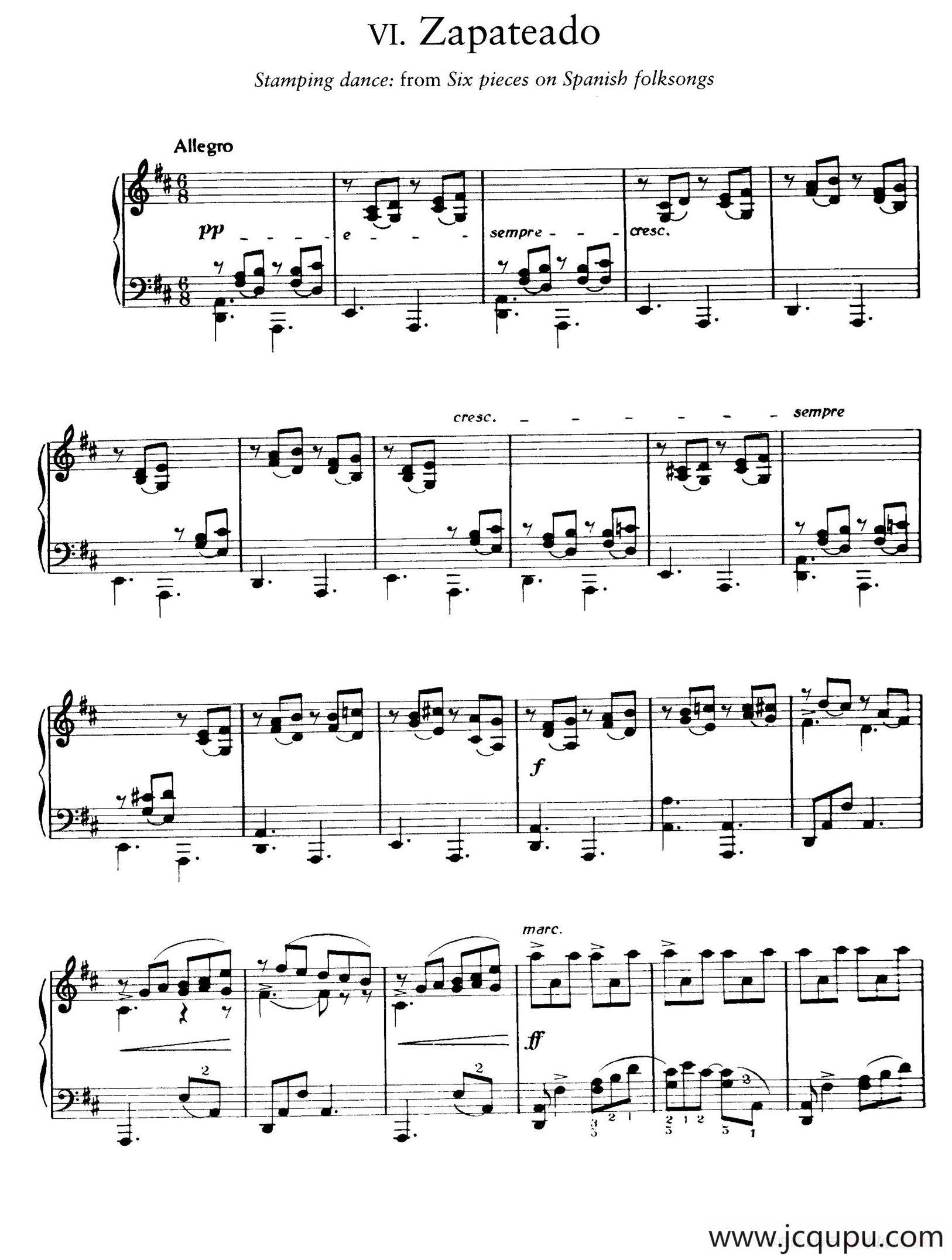 Six Pieces on Spanish Folksongs H.125（6首西班牙民谣小品·7. 踏步舞曲 Zapateado）简谱