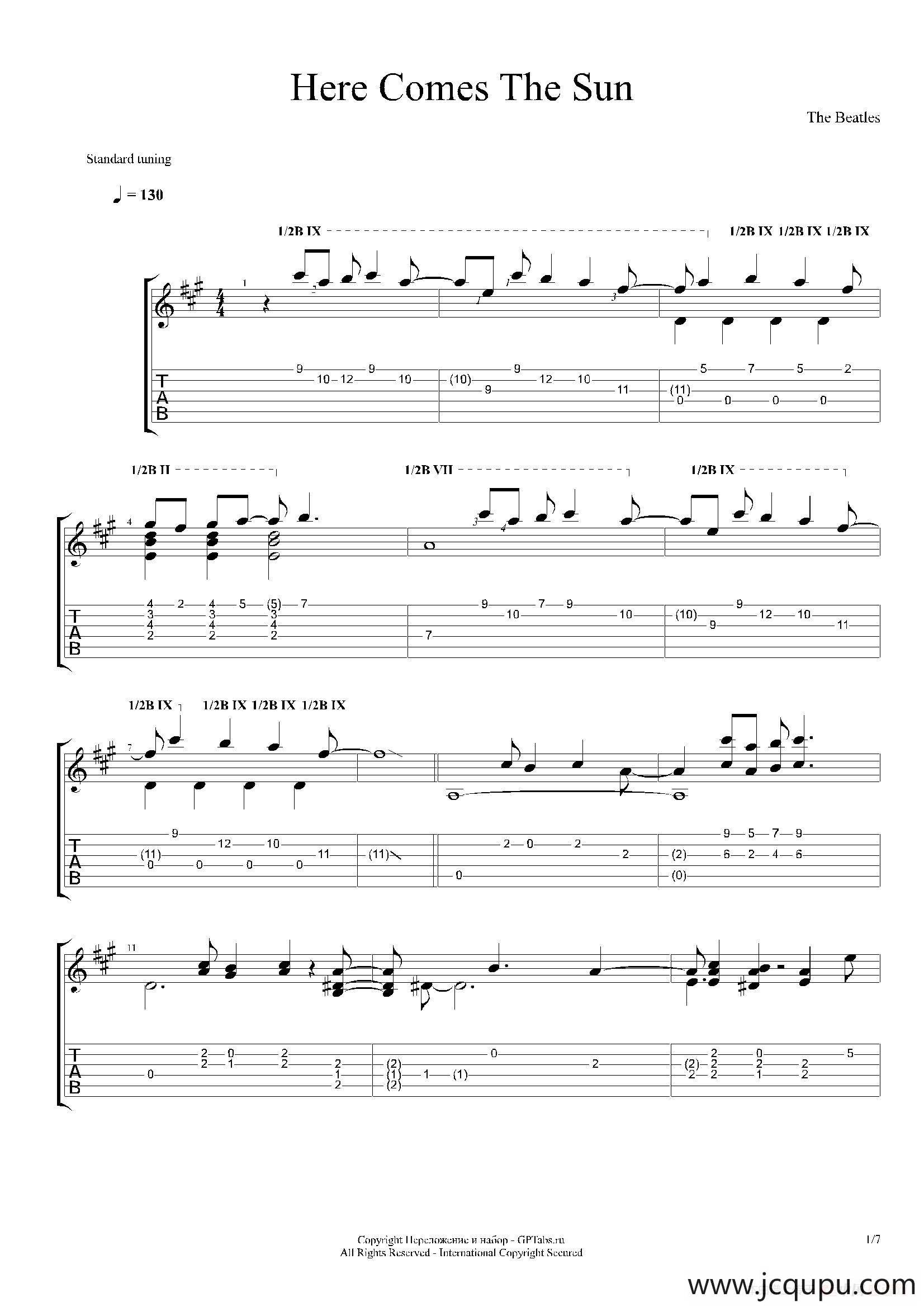 古典吉他：The Beatles：Here Comes The Sun简谱