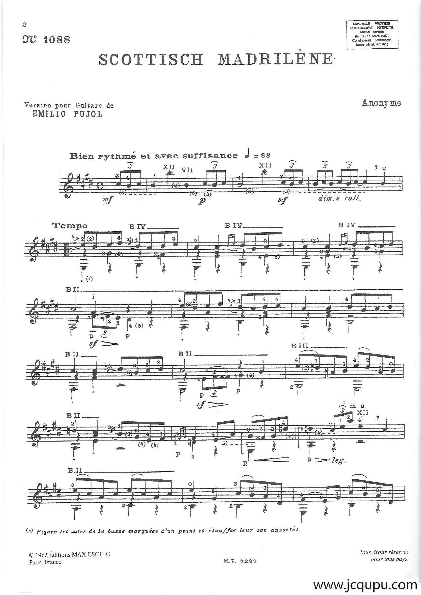 Scottisch Madrilene.- Anonyme.- Transcription Emilio Pujol（古典吉他）简谱
