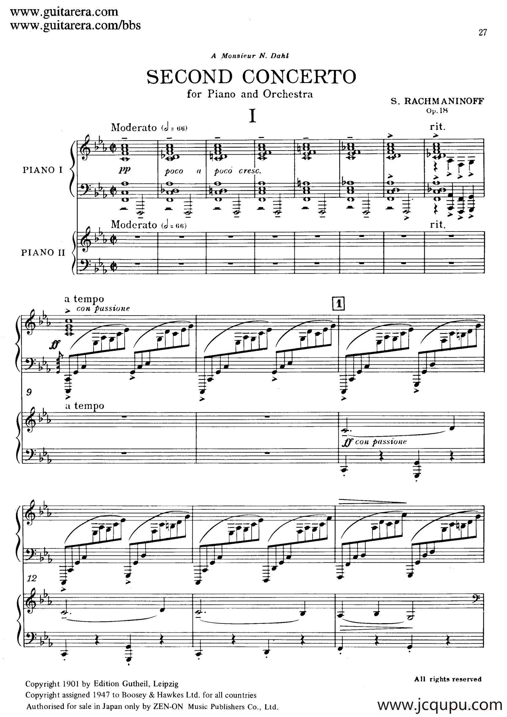 c小调第二钢琴协奏曲 Op.18（双钢琴·第一乐章）简谱