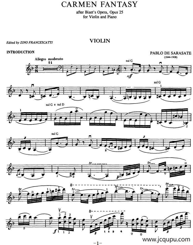 Sarasate《Carmen Fantasy》Op.25（萨拉萨蒂《卡门幻想曲》Op.25）简谱